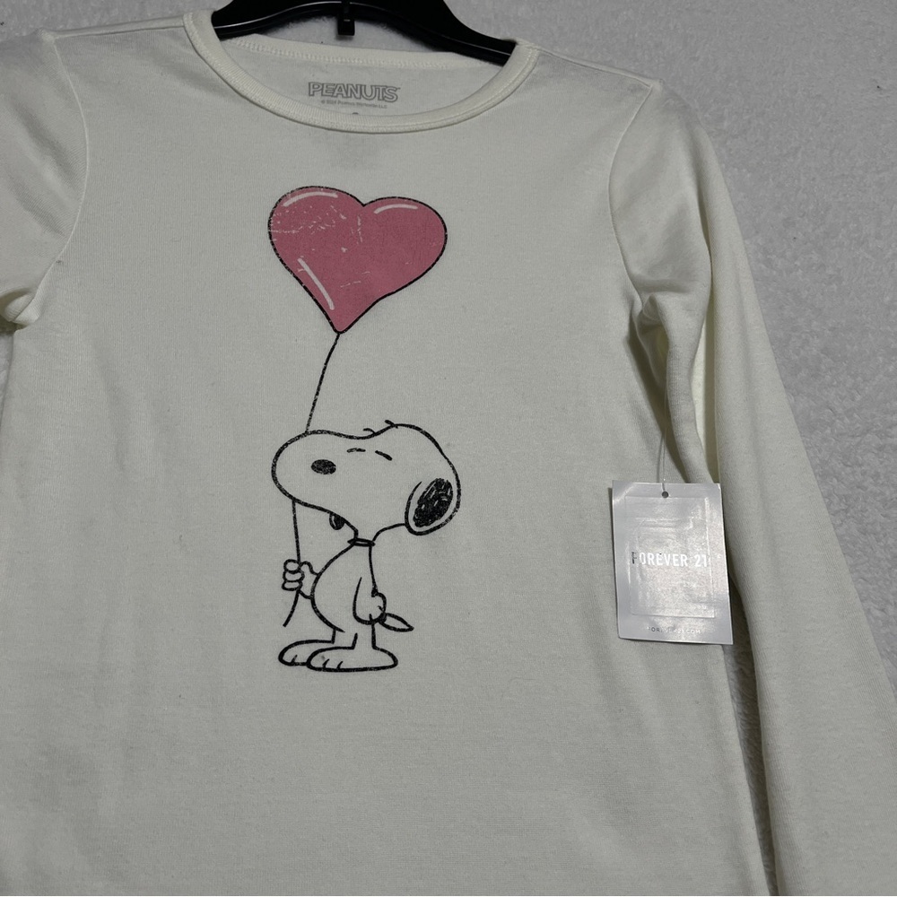 Peanuts Forever 21 Juniors White Ribbed Long Sleeve Snoopy Tee Small NWT - Picture 3 of 6